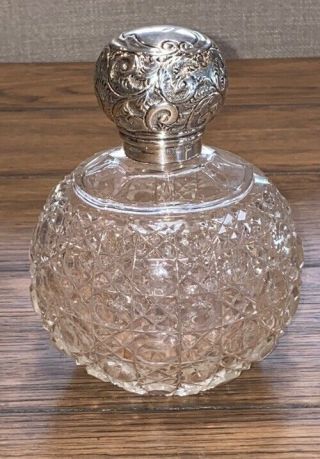 1912 Repousse Sterling Silver & Cut Glass Hobnail Large Perfume Bottle 5.  5 " Tall