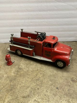 Vintage 1950s Tonka Pressed Steel No 5 Red Fire Truck With Fire Hoses & Hydrant