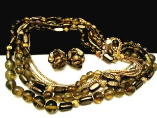 Rare Vintage Signed Demario Goldtone Amber Crystal Necklace & Clip Earring Set