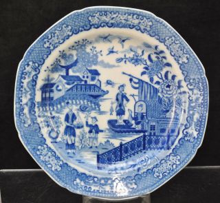Set Of 5 Antique Mintons " Fisherman " Staffordshire Blue Transferware Plates 1805