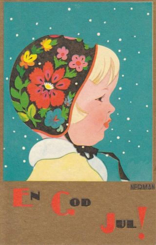 Old Christmas Postcard Little Girl With Costume Hat Signed Nerman Sweden