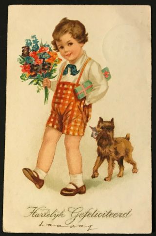 1931 Dog Pc Brussels Griffon Bruxellois Old Birthday Postcard Boy With Flowers