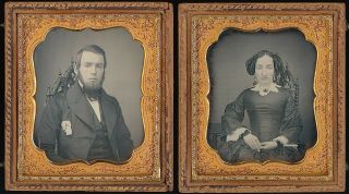Attractive Young Couple In Ornate Wooden Chair 1/6 Plate Daguerreotype Pair G122
