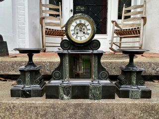 Mid 19th C.  French Japy Freres Black Marble Garniture Clock Set