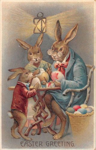 Easter Greetings Dressed Rabbits Painting Eggs Vintage Postcard Aa24571