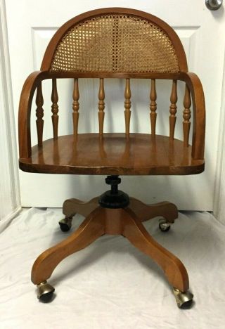 Vintage Oak " Caned Back " Swivel Office Bank Lawyer Desk Arm Chair -