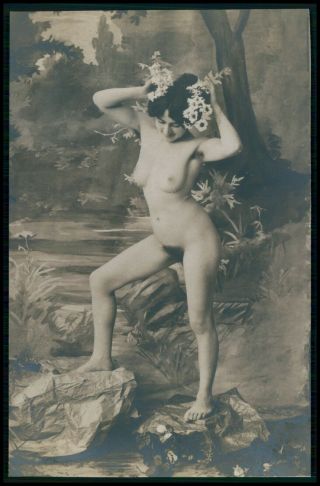 French Full Nude Woman Riverside Early C1900s Old Rppc Photo Postcard
