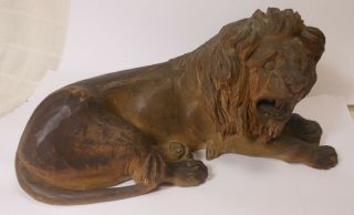 Quality Antique Carved Wood Recumbent Lion Detail,  Black Forest Or Swiss