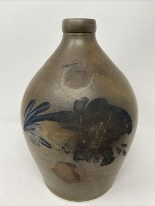 Antique Stoneware Jug Cowden & Wilcox Harrisburg 1.  5 Gallon Cobalt Blue Tulip