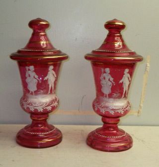 Pair Large Antique Cranberry Glass Covered Urns Mary Gregory Enamel Decoration