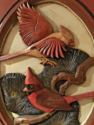 Antique Hand Carved Birds Cardinals Large Wooden Plaque