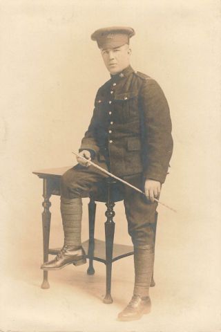 Ww1 British Army Soldier Sitting On Table W/ Swagger Stick Strong Photo