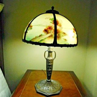 Antique Arts And Craft Hand Painted Reverse Glass Table Lamp 24 " High X 14 " Wide