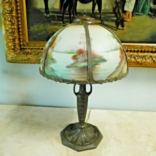 Antique ARTS and CRAFT HAND PAINTED REVERSE GLASS TABLE LAMP 24 