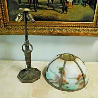 Antique ARTS and CRAFT HAND PAINTED REVERSE GLASS TABLE LAMP 24 