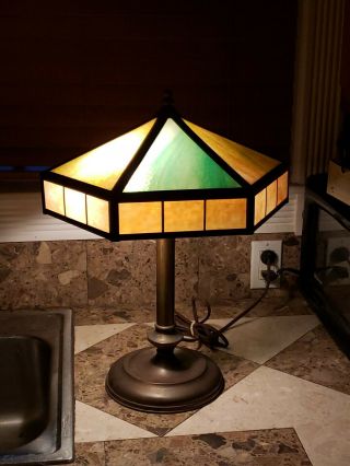 Antique Arts & Crafts Slag Glass Lamp Bradley & Hubbard Style,  C1920 Bryant