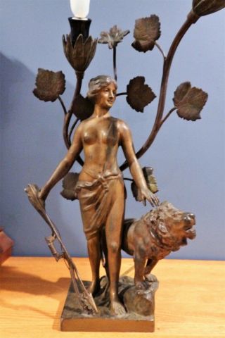 Antique Spelter Bronze Figural Art Nouveau Woman Diana & Lion Lamp From France