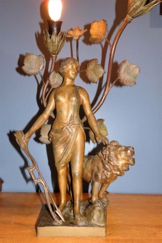 Antique Spelter Bronze Figural Art Nouveau Woman DIANA & LION Lamp From France 2