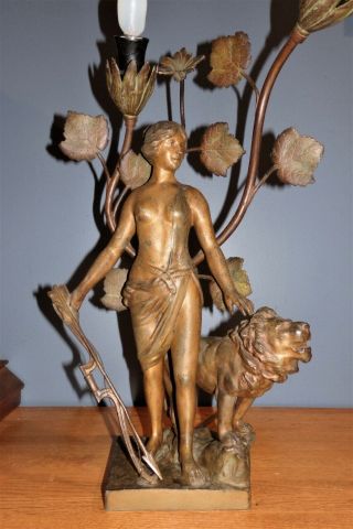 Antique Spelter Bronze Figural Art Nouveau Woman DIANA & LION Lamp From France 3