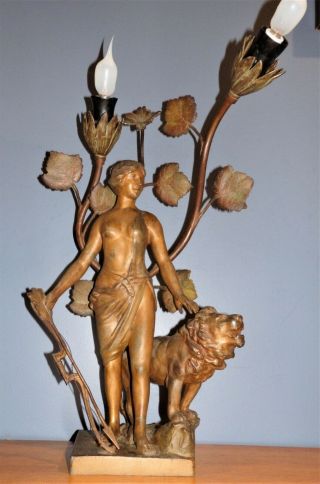 Antique Spelter Bronze Figural Art Nouveau Woman DIANA & LION Lamp From France 4