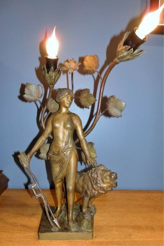 Antique Spelter Bronze Figural Art Nouveau Woman DIANA & LION Lamp From France 5