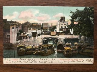 China Old Postcard Shakee Bridge And Street Scene Canton To Usa 1914