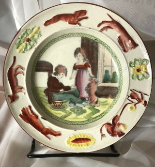 Very Rare Early Staffordshire Child’s Plate Dog & Foxes/monkeys/children Nursery