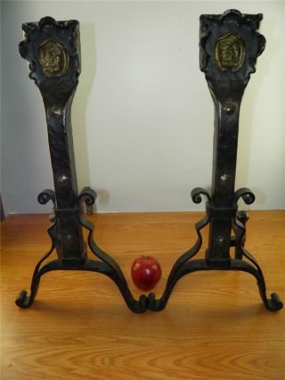 Antique Arts & Crafts Large Pair Andirons Hand Forged Iron Bronze Monk Face