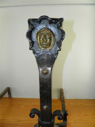ANTIQUE ARTS & CRAFTS LARGE PAIR ANDIRONS HAND FORGED IRON BRONZE MONK FACE 2
