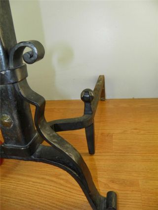 ANTIQUE ARTS & CRAFTS LARGE PAIR ANDIRONS HAND FORGED IRON BRONZE MONK FACE 5