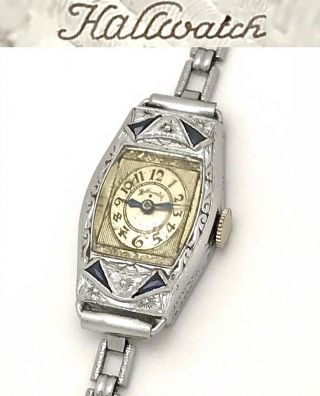 Vintage 1920s Art Deco Hallwatch Hoffman Ladies Mechanical Wristwatch Sapphire