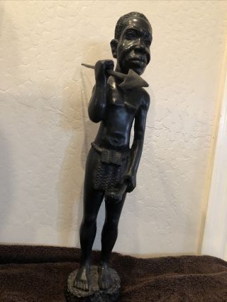 Rare Vintage Large Wood Hand Carved African Tribal Warrior Signed Sculpture