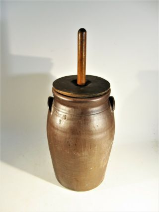 Antique Brown Stoneware 3 Gallon Butterchurn With Top Sr Rogers
