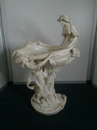 Antique Royal Dux Porcelain Centerpiece Two Ladies Figural 18 " X 13 "