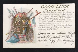 Vintage Good Luck Swastika Native American Indians Postcard Posted June 14,  1908
