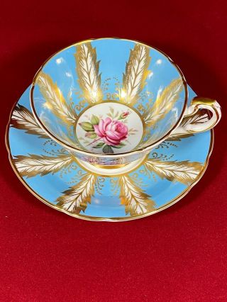 Vintage Paragon Teacup & Saucer Blue With Pink Cabbage Rose Gold Feather