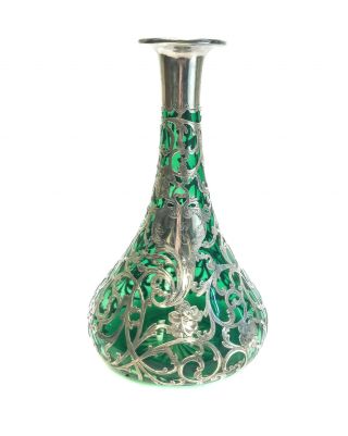 Alvin Mfg 999 Silver Overlay Green Art Glass 10 Inch Vase,  Circa 1900