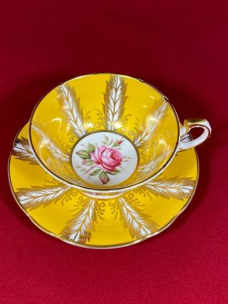 Vintage Paragon Teacup & Saucer Yellow With Pink Cabbage Rose Gold Feather