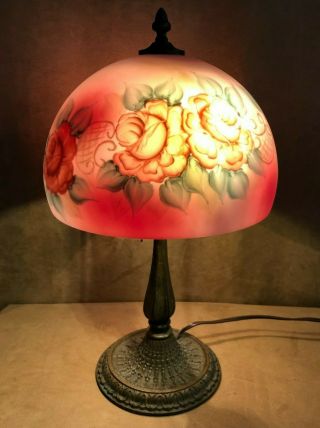 20 " Vintage Table Lamp Reverse Painted Glass Shade Pink Rose Flowers Antique