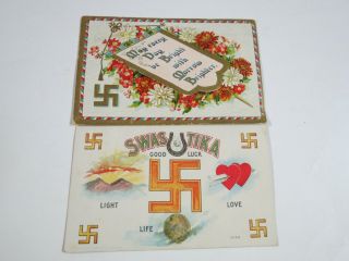 Set Of 2 Vintage Swastika Good Luck Postcard 1909 1910 Posted