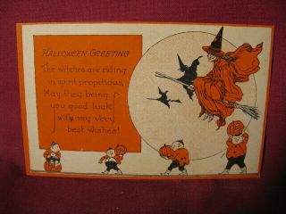 Old Halloween Postcard With Witch Flying On Broom Etc