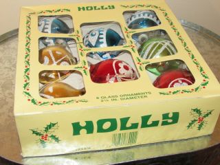 Vintage Holly Christmas Red And Green Glass Ornaments Box Set Of 8 Usa