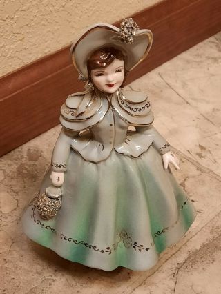 Vintage Florence Ceramics Pasadena Victorian Lady Figurine Rare Chips Teal Blue