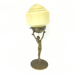 Vintage Art Deco Brass Nude Lady Figure Lamp Glass Globe Shade 209
