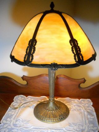 Antique Bent Caramel Slag Glass Art Nouveau Lamp 22 1/2 " Handel Miller B & H Era