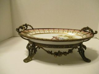 Sevres - Oval Plate/bowl - Metal Footed Stand - 12 X 8 X 4 1/2 " - France