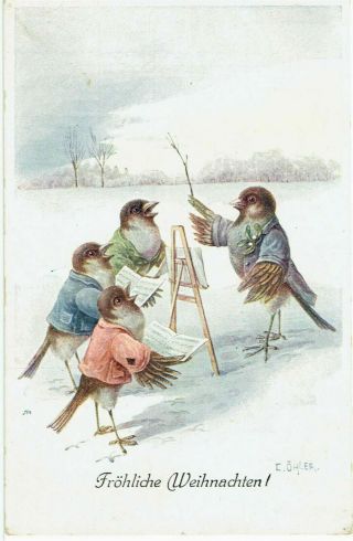 E Ohler Artist Signed Old Postcard Anthropomorphic Birds Singing B K W L