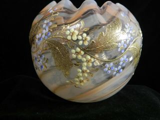 Big 5 " Antique Glass Rose Bowl Pink Swirl Opalescent,  Enamel Gold Florals,  Exc