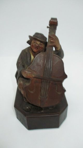 Antique Anri Wooden Hand Carved Man Music Cello Statue Folk Art Germany Sticker