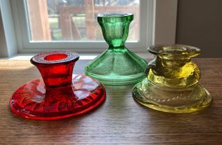 Set Of 3 Vintage Depression Glass Candle Holders Red,  Amber & Green